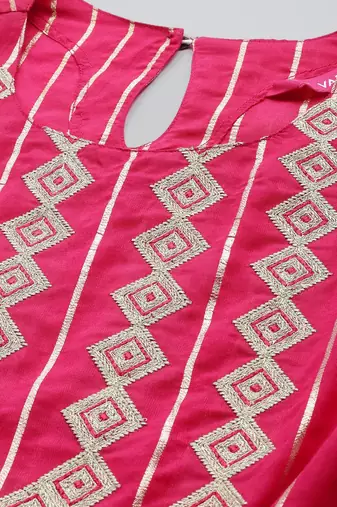 Striped Thread Work Chanderi Silk Kaftan Kurta with Trousers