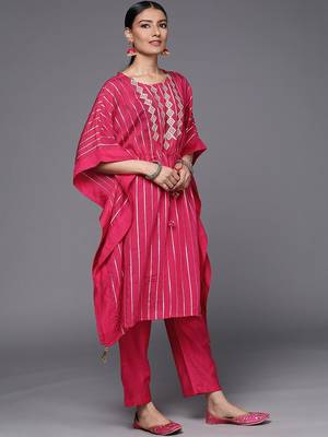 Striped Thread Work Chanderi Silk Kaftan Kurta with Trousers 4