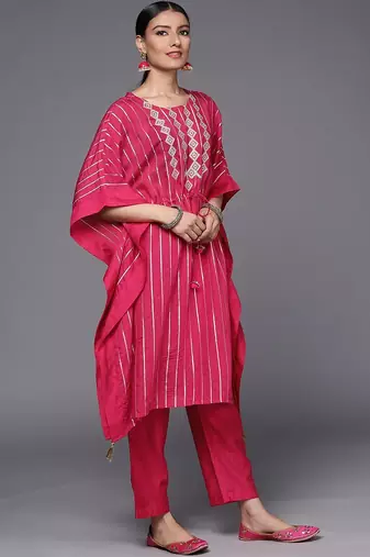 Striped Thread Work Chanderi Silk Kaftan Kurta with Trousers
