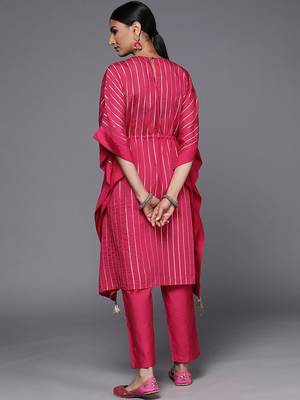Striped Thread Work Chanderi Silk Kaftan Kurta with Trousers 5