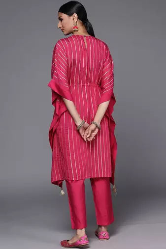 Striped Thread Work Chanderi Silk Kaftan Kurta with Trousers
