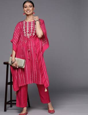 Striped Thread Work Chanderi Silk Kaftan Kurta with Trousers 6