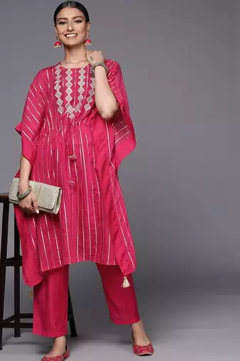 Striped Thread Work Chanderi Silk Kaftan Kurta with Trousers