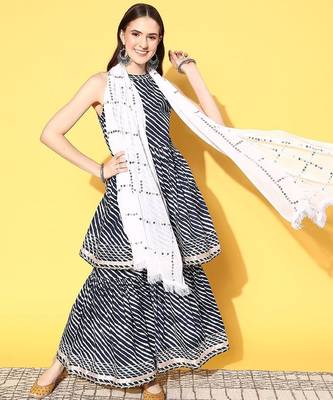 Women Leheriya Printed Mirror Work Kurta with Sharara & With Dupatta 1