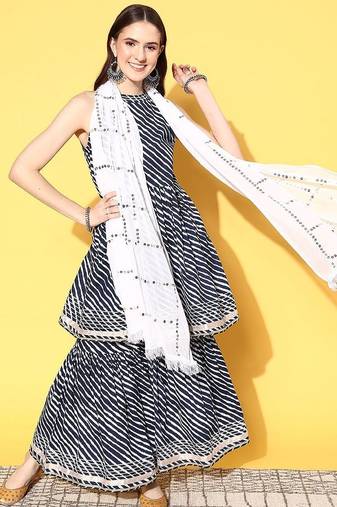 Women Leheriya Printed Mirror Work Kurta with Sharara & With Dupatta