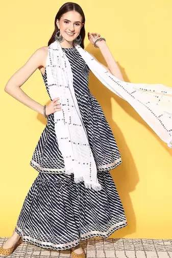 Women Leheriya Printed Mirror Work Kurta with Sharara & With Dupatta