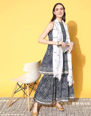 Women Leheriya Printed Mirror Work Kurta with Sharara & With Dupatta 2