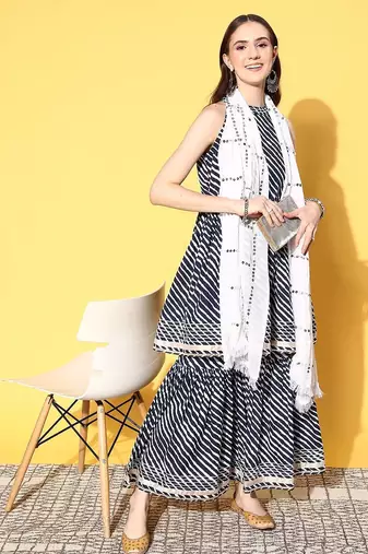 Women Leheriya Printed Mirror Work Kurta with Sharara & With Dupatta