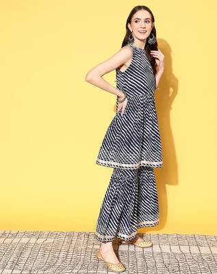 Women Leheriya Printed Mirror Work Kurta with Sharara & With Dupatta 4