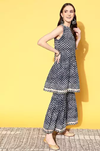 Women Leheriya Printed Mirror Work Kurta with Sharara & With Dupatta