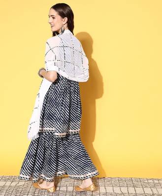 Women Leheriya Printed Mirror Work Kurta with Sharara & With Dupatta 5