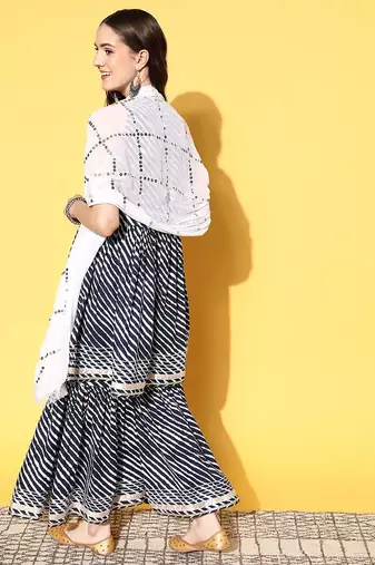 Women Leheriya Printed Mirror Work Kurta with Sharara & With Dupatta