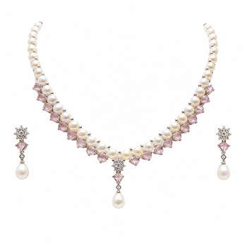 Pearl & pink stone necklace & earrings jewellery set drop pearl pendant, cz accents, bridal wear, matching earrings 3