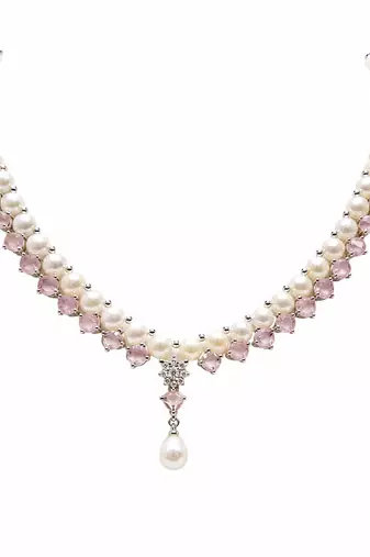 Pearl & pink stone necklace & earrings jewellery set drop pearl pendant, cz accents, bridal wear, matching earrings