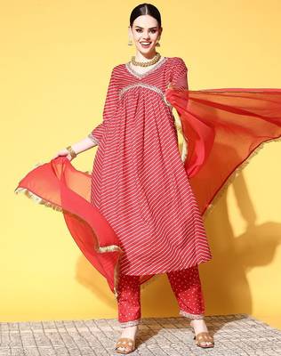 Women Red Leheriya Embroidered Empire Kurta with Trousers & With Dupatta 1