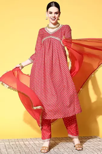 Women Red Leheriya Embroidered Empire Kurta with Trousers & With Dupatta