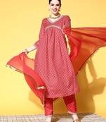 Women Red Leheriya Embroidered Empire Kurta with Trousers & With Dupatta