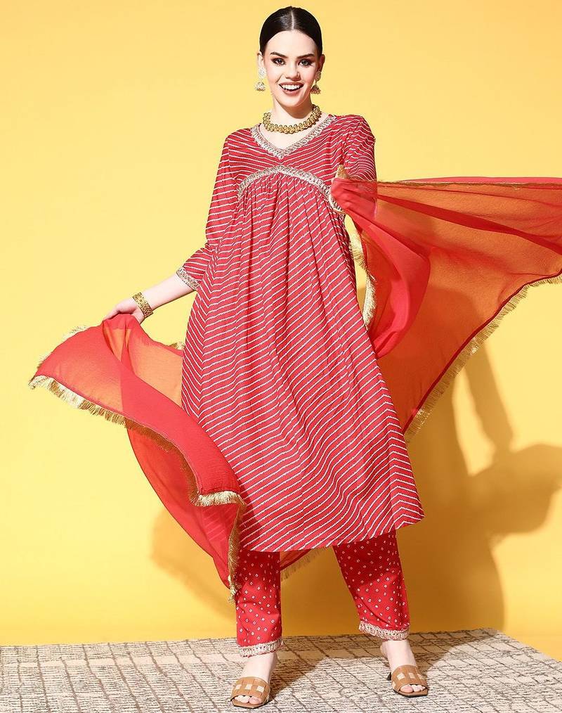 Women Red Leheriya Embroidered Empire Kurta with Trousers & With Dupatta
