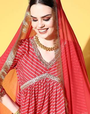 Women Red Leheriya Embroidered Empire Kurta with Trousers & With Dupatta 2