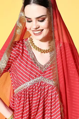 Women Red Leheriya Embroidered Empire Kurta with Trousers & With Dupatta
