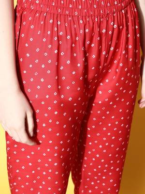Women Red Leheriya Embroidered Empire Kurta with Trousers & With Dupatta 3