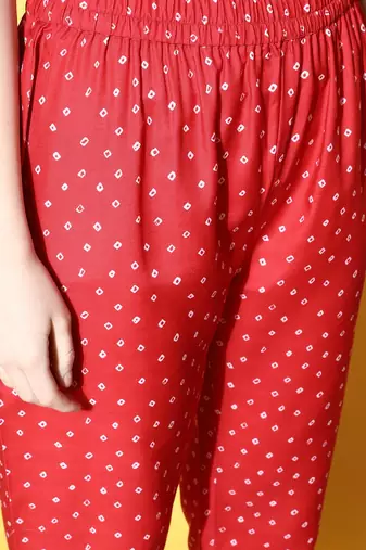 Women Red Leheriya Embroidered Empire Kurta with Trousers & With Dupatta