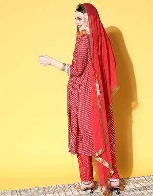 Women Red Leheriya Embroidered Empire Kurta with Trousers & With Dupatta 4