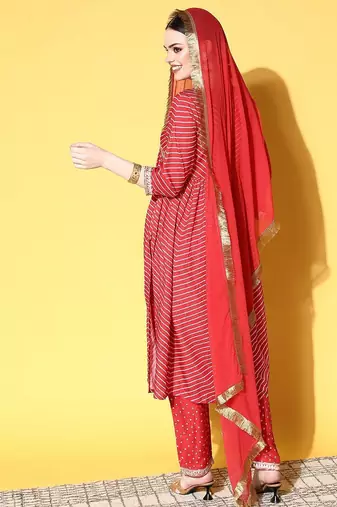 Women Red Leheriya Embroidered Empire Kurta with Trousers & With Dupatta