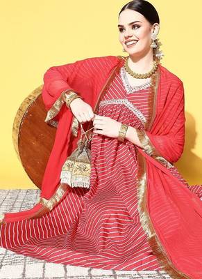 Women Red Leheriya Embroidered Empire Kurta with Trousers & With Dupatta 5