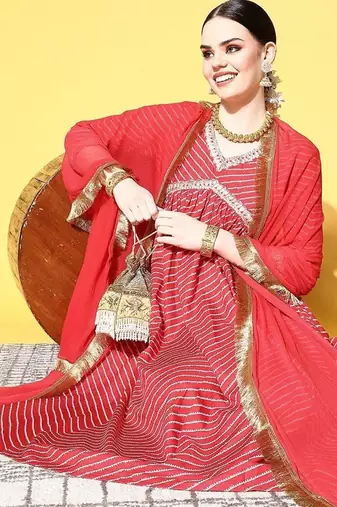 Women Red Leheriya Embroidered Empire Kurta with Trousers & With Dupatta