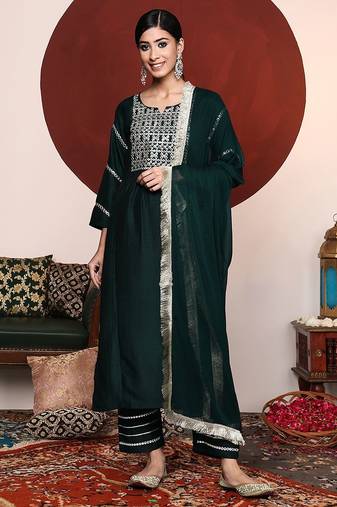 Women Green Yoke Design Mirror Work Kurta with Trousers & Dupatta