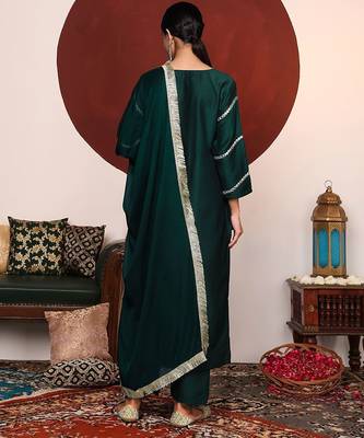Women Green Yoke Design Mirror Work Kurta with Trousers & Dupatta 6
