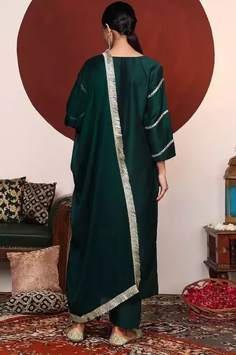 Women Green Yoke Design Mirror Work Kurta with Trousers & Dupatta