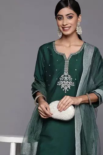 Women Green Ethnic Motifs Embroidered Kurta with Trousers & With Dupatta