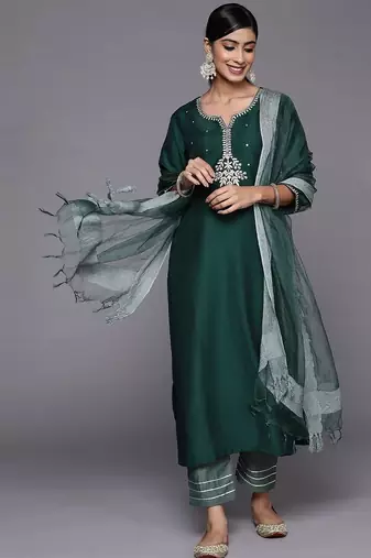Women Green Ethnic Motifs Embroidered Kurta with Trousers & With Dupatta