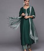 Women Green Ethnic Motifs Embroidered Kurta with Trousers & With Dupatta