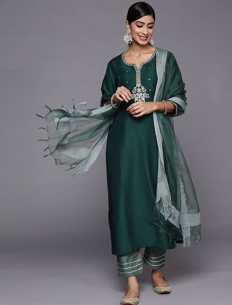 Women Green Ethnic Motifs Embroidered Kurta with Trousers & With Dupatta