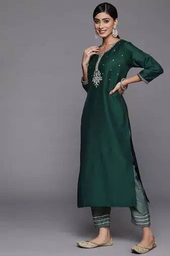 Women Green Ethnic Motifs Embroidered Kurta with Trousers & With Dupatta