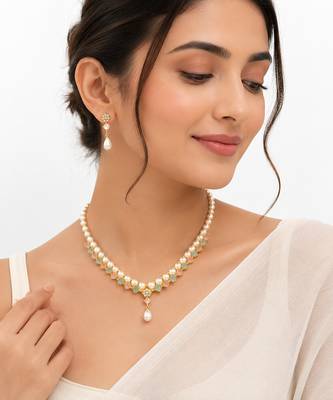 Pearl & pastel stone necklace & earrings jewellery set gold-tone finish, drop earrings included, pink & mint stones. 1