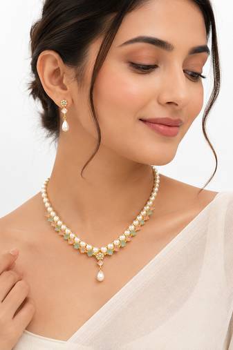 Pearl & pastel stone necklace & earrings jewellery set gold-tone finish, drop earrings included, pink & mint stones.