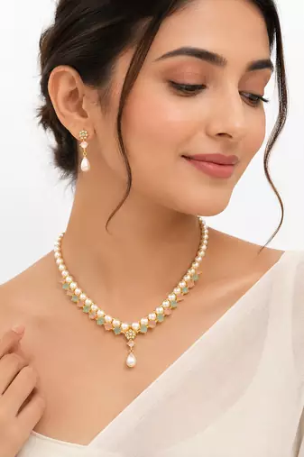Pearl & pastel stone necklace & earrings jewellery set gold-tone finish, drop earrings included, pink & mint stones.