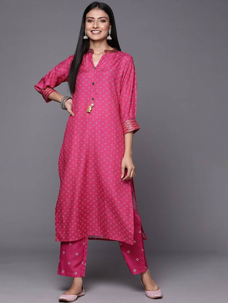 Women Pink Bandhani Printed Sequinned Kurta with Trousers