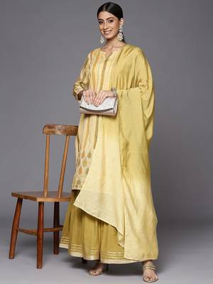 Women Yellow Striped Mukaish Kurta with Sharara & With Dupatta 1