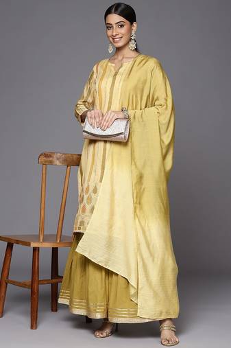 Women Yellow Striped Mukaish Kurta with Sharara & With Dupatta