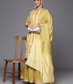 Women Yellow Striped Mukaish Kurta with Sharara & With Dupatta