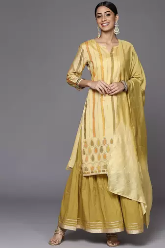 Women Yellow Striped Mukaish Kurta with Sharara & With Dupatta