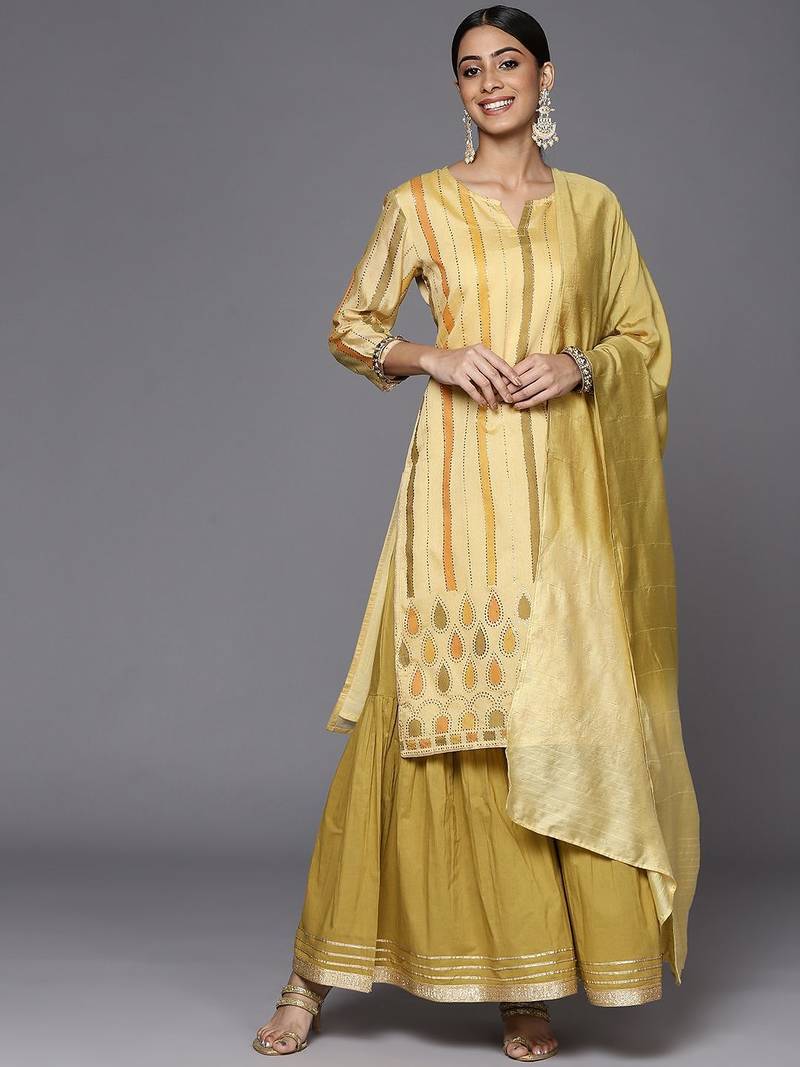 Women Yellow Striped Mukaish Kurta with Sharara & With Dupatta