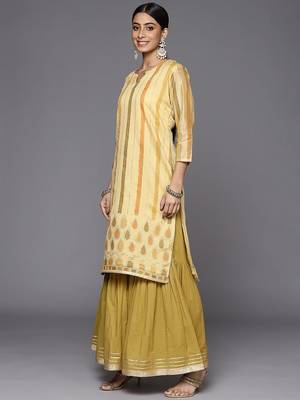 Women Yellow Striped Mukaish Kurta with Sharara & With Dupatta 6