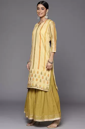 Women Yellow Striped Mukaish Kurta with Sharara & With Dupatta