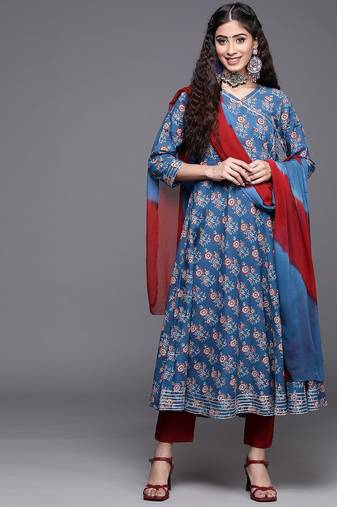 Women Blue Ethnic Motifs Printed Angrakha Gotta Patti Kurta with Trousers & With Dupatta